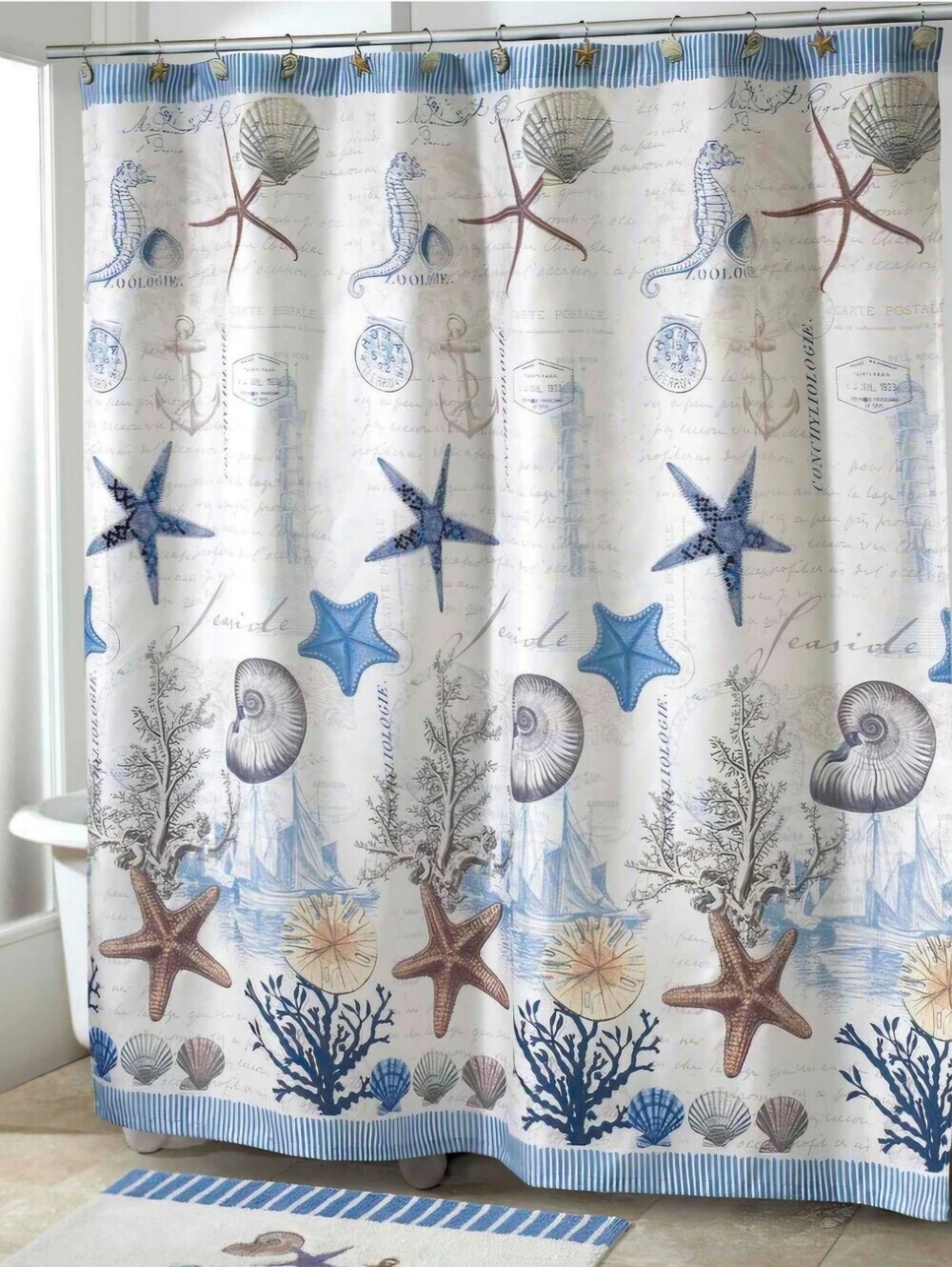 JYSK Coastal Nautical Shower Curtain Set Seahorse Starfish 70x70